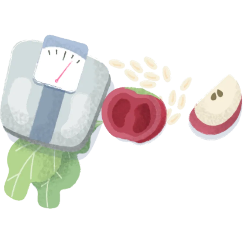 Báscula con un tomate, semillas y una manzana al lado