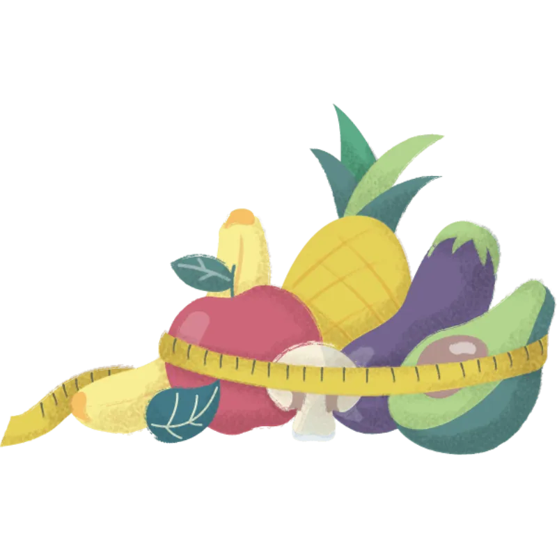 Ilustración con varios alimentos saludables sujetos por un metro