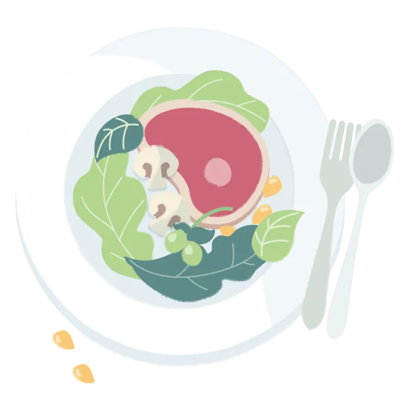 Ilustración de un plato con fileta, lechuga, maíz y champiñones